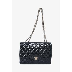 Chanel 2008/09 Black Glitter Patent Leather Jumbo Single Flap Bag